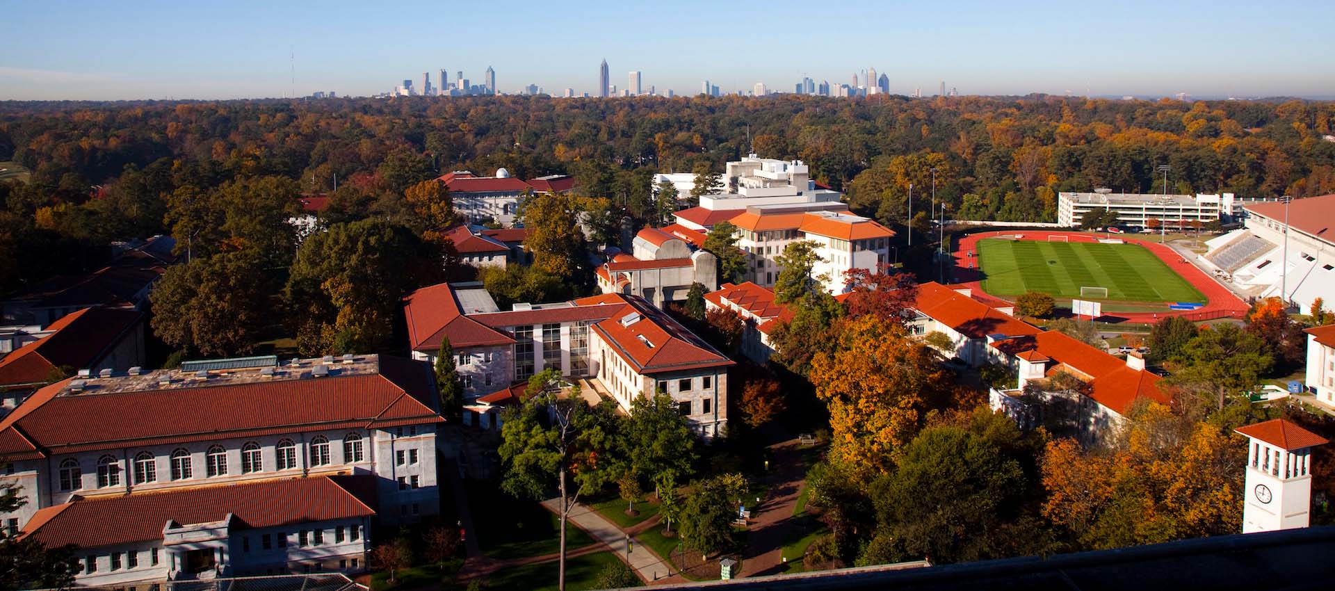 Aerial view of campus with the Atlanta skyline in the background
